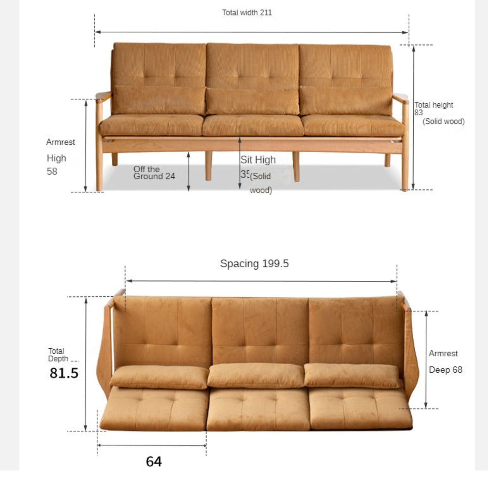 Oak Solid Wood rattan Vintage dual-purpose Sofa