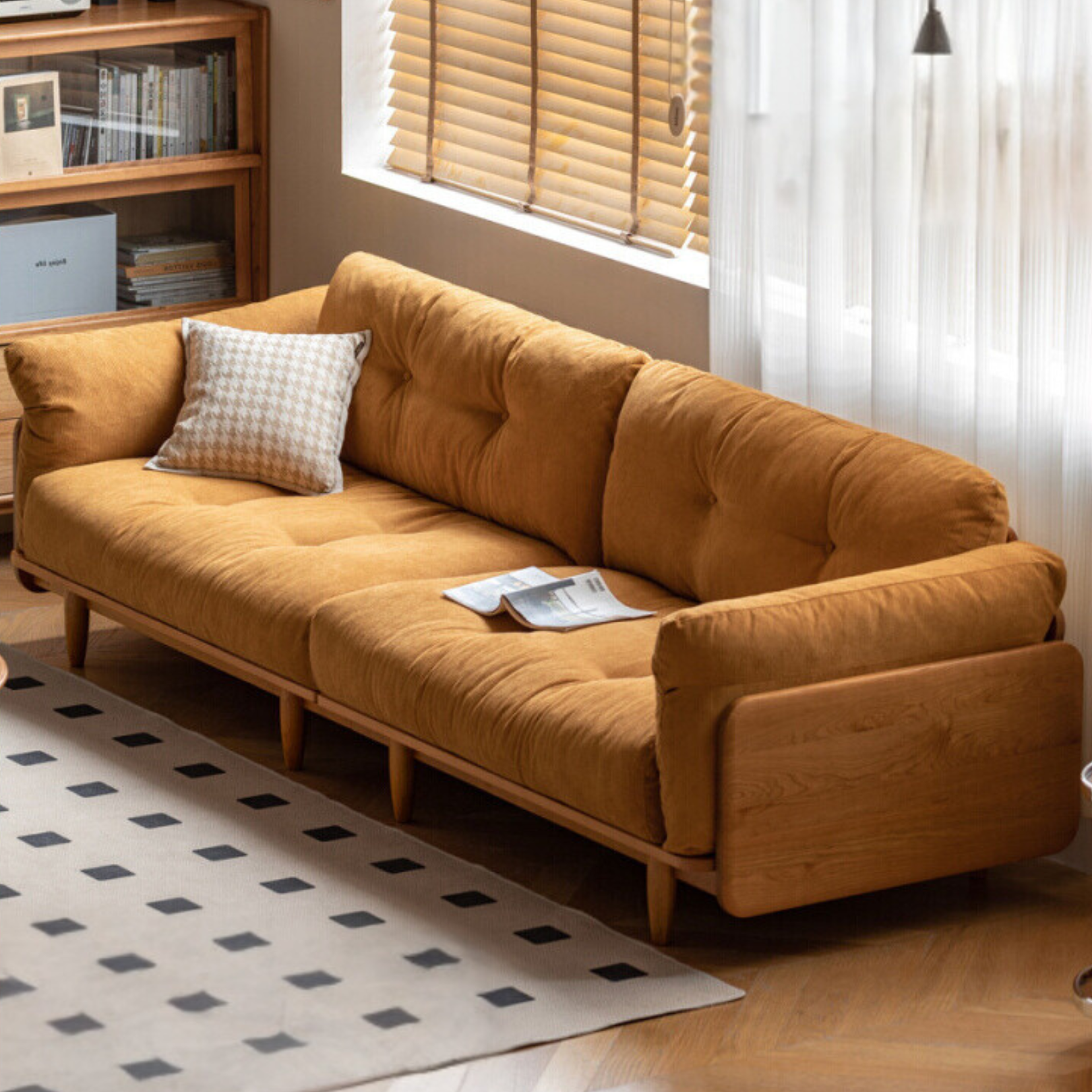 Cherry Wood Genuine Leather Down Straight Row Sofa