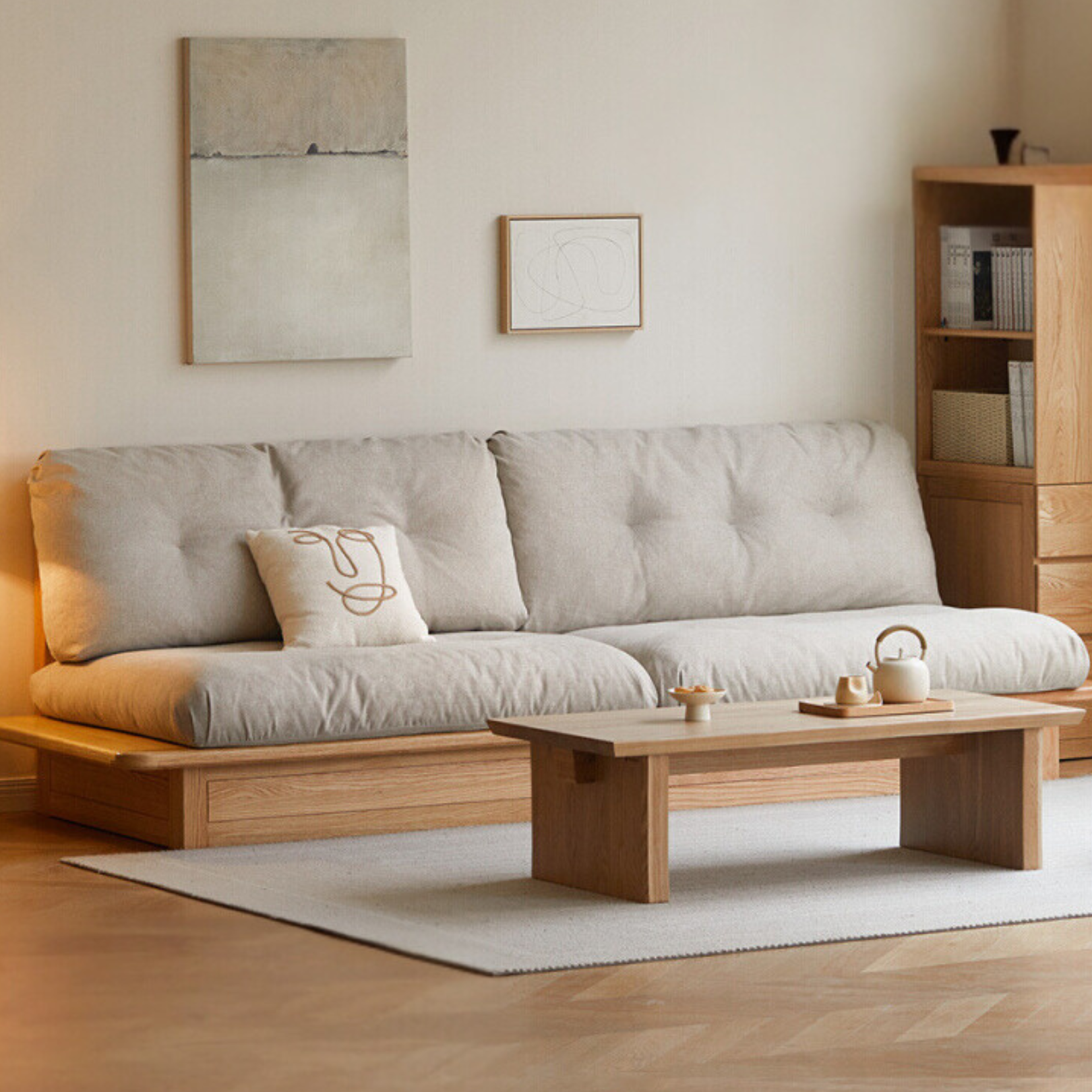 Oak Solid Wood Fabric Storage Sofa