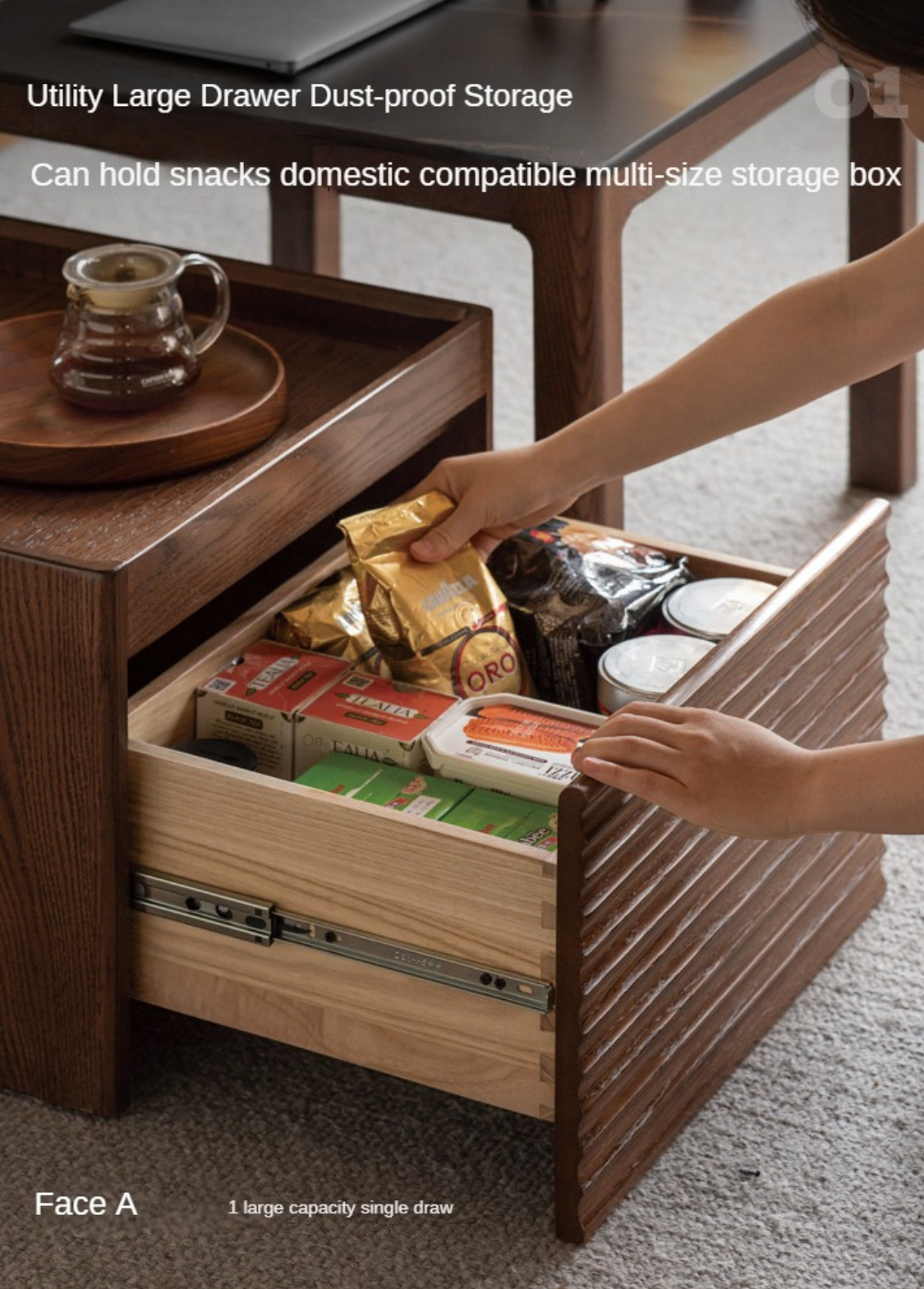 Oak solid wood movable rock plate tea table,