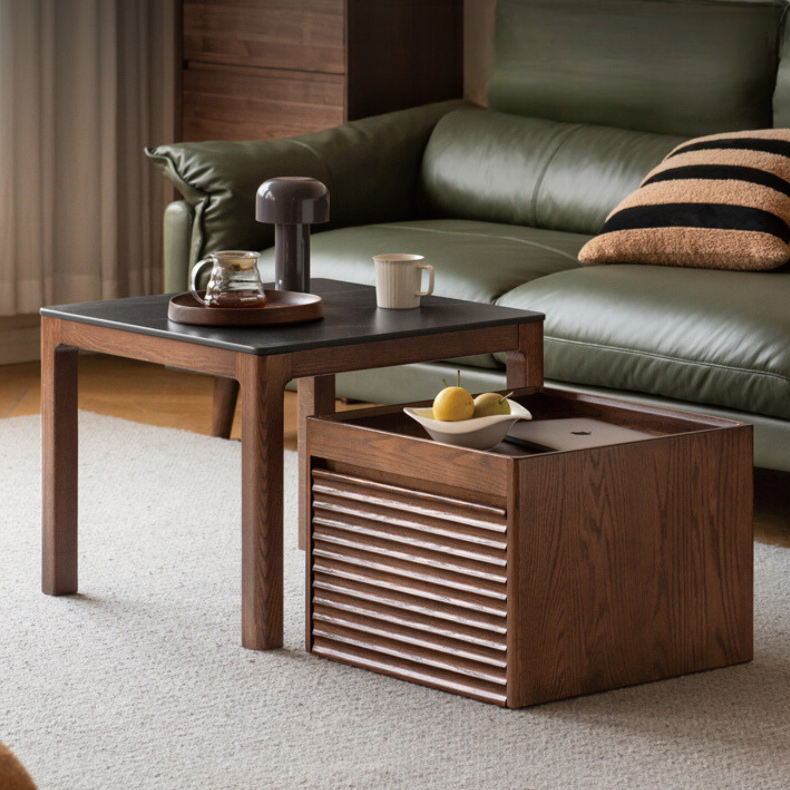 Oak, Black walnut Solid Wood Movable Rock Plate Tea Table