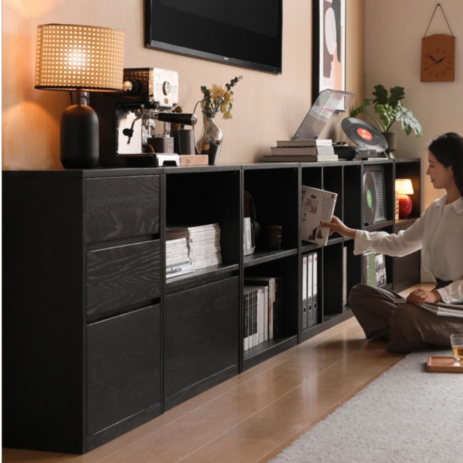 Oak solid wood bookcase modern floor combination cabinet<