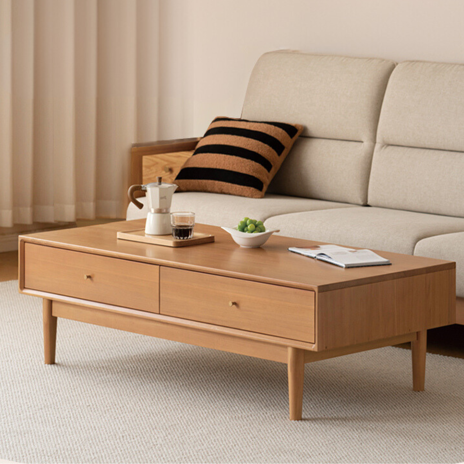 Poplar Solid Wood Modern Rectangular Tea Table with Drawer,