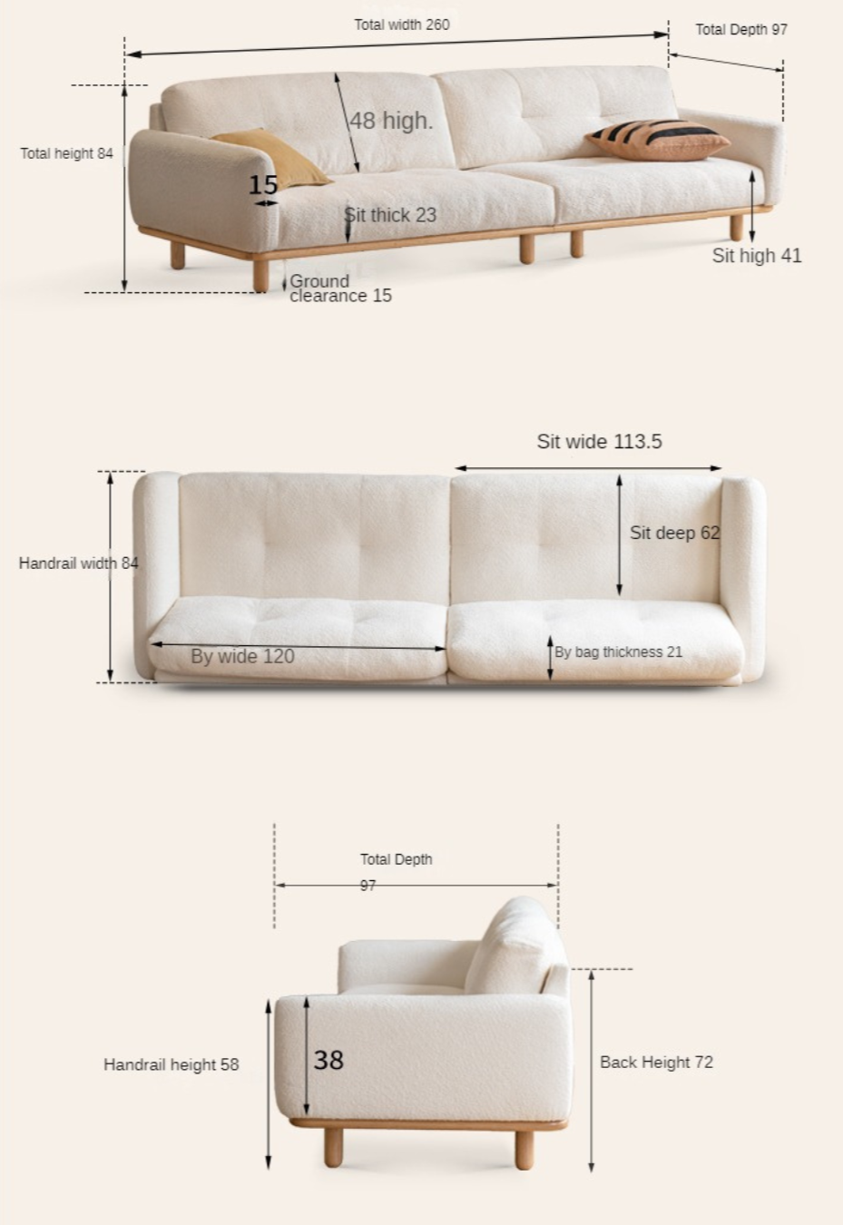 Oak solid wood Lamb Fleece Sofa White Cream Style