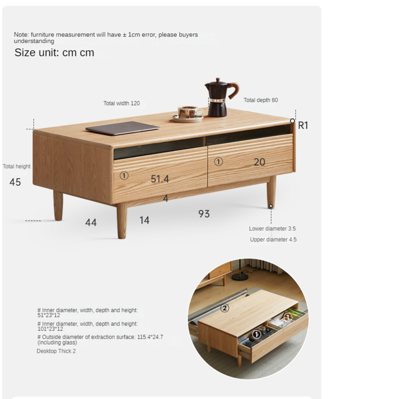 Oak solid wood modern tea table with drawer,