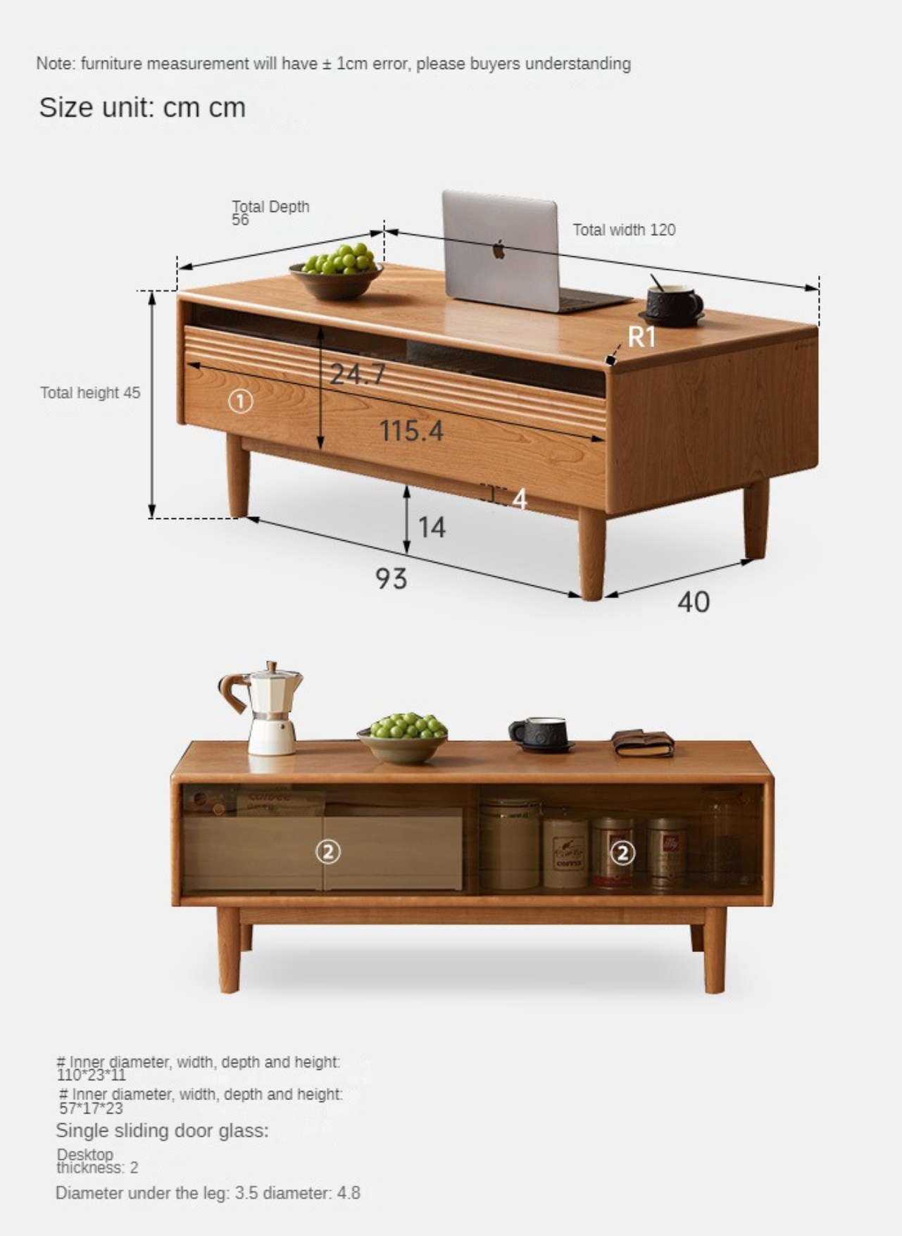 Cherry Wood Coffee Table with Drawer,