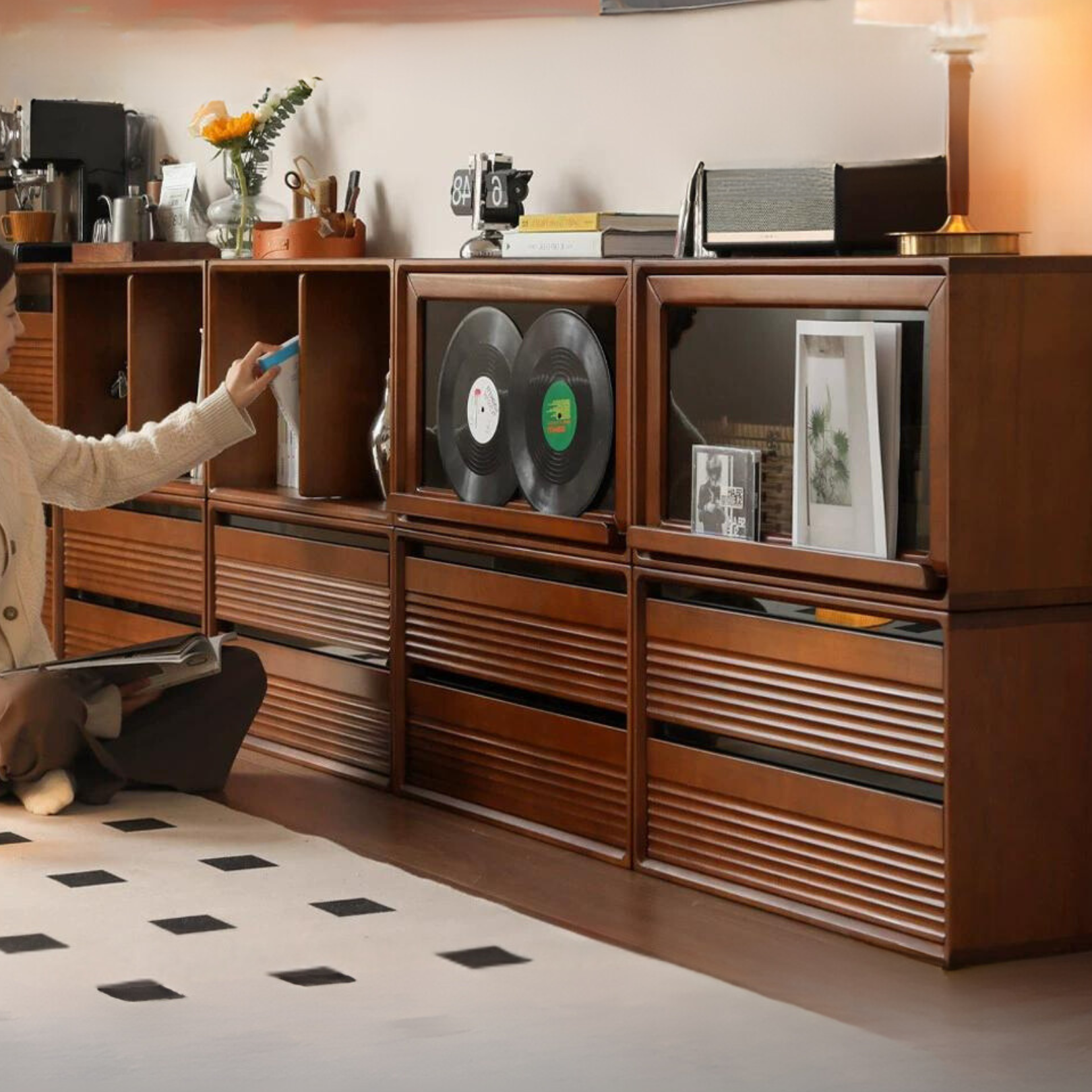 Poplar solid wood medieval floor TV cabinet