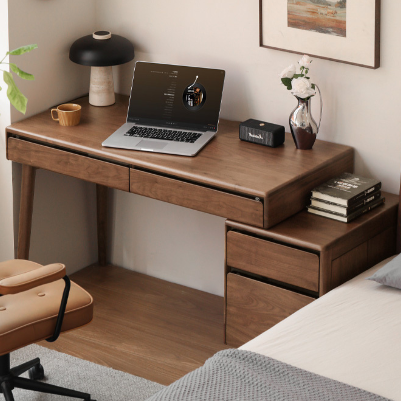 Black walnut solid wood integrated desk with drawer