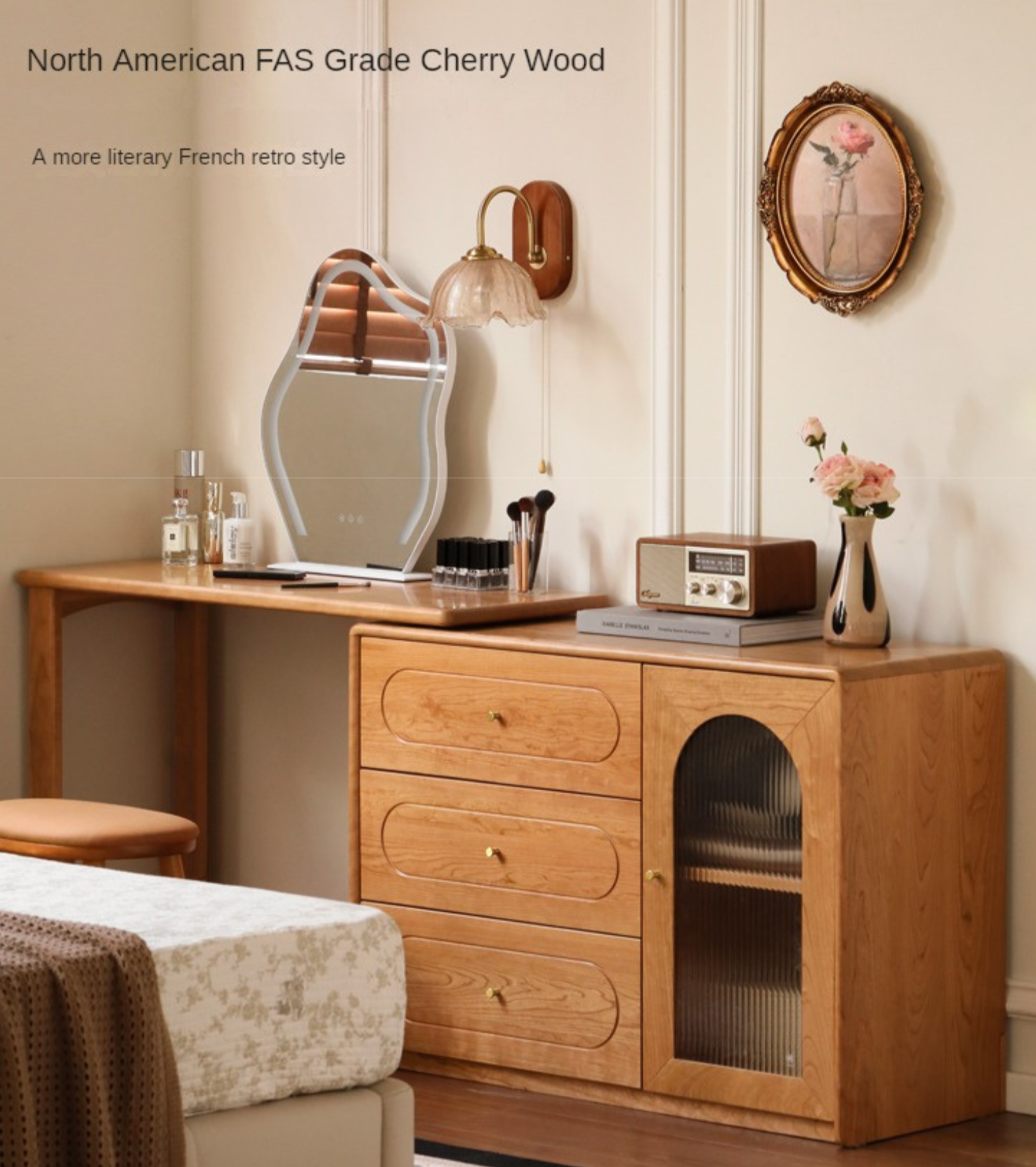 Poplar Solid Wood Retractable Dressing Table Retro Style