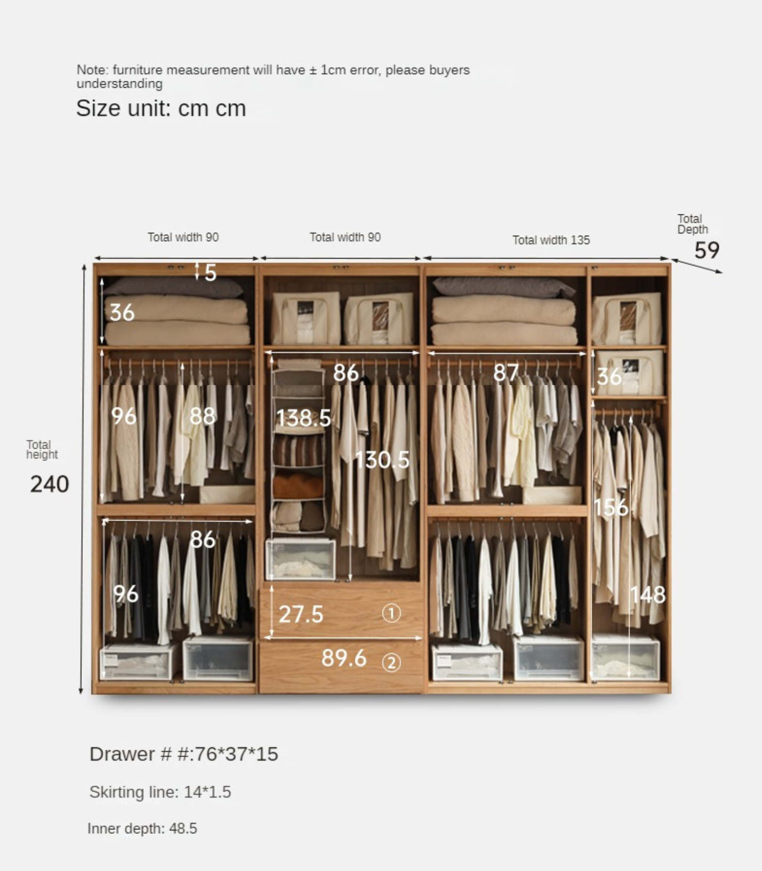 Oak Solid Wood Sectional Wardrobe