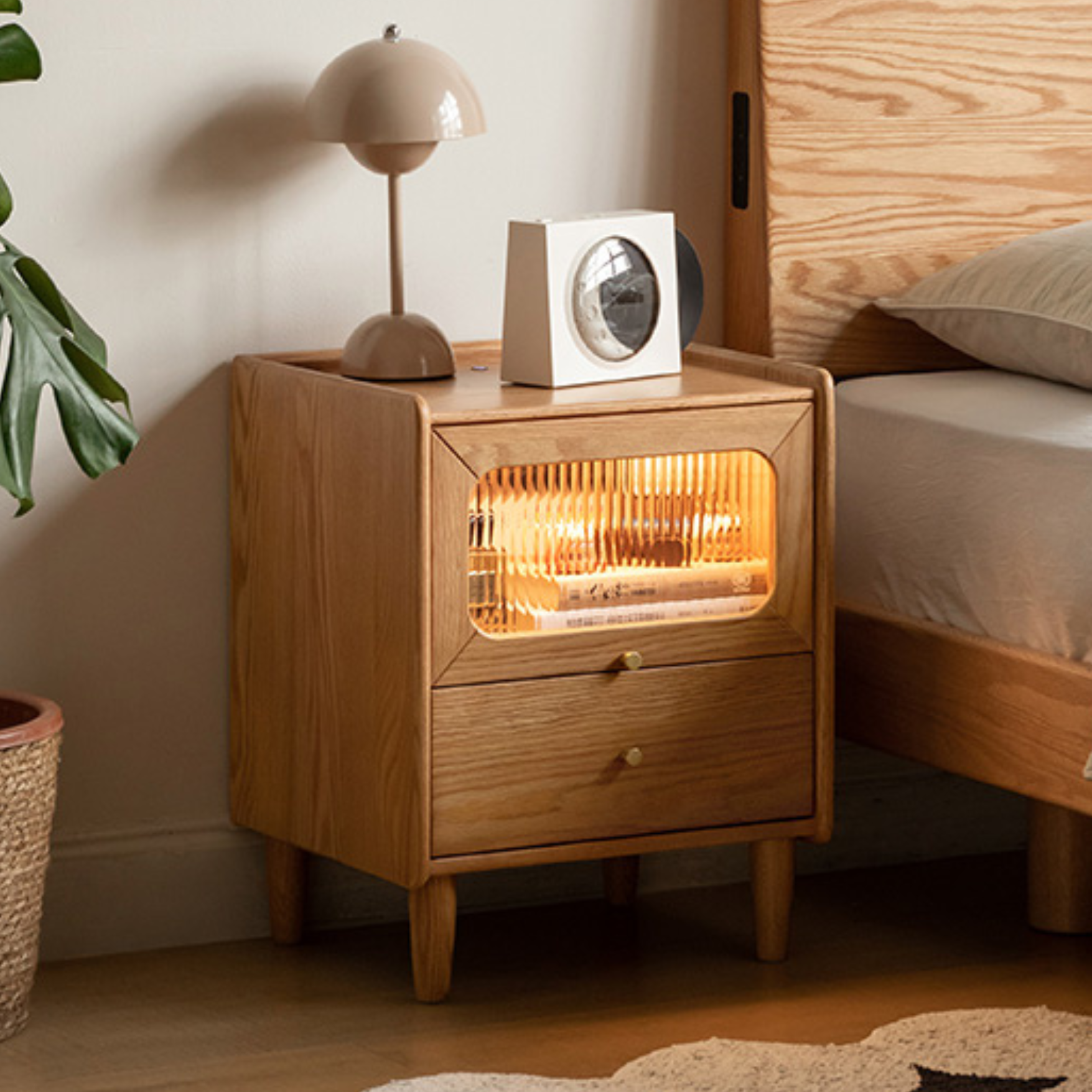 Oak solid wood Nightstand  with light