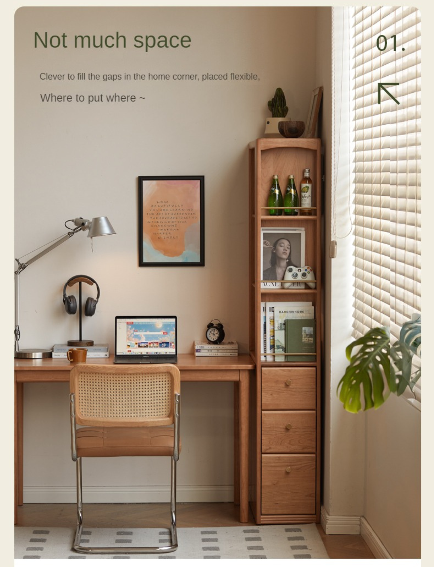 Cherry solid wood bookcase with drawer