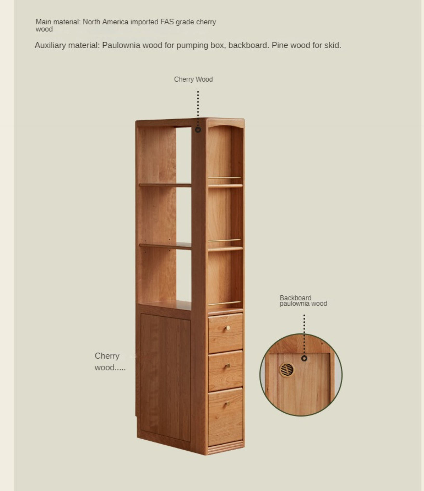 Cherry Solid Wood Retro Bookcase With Drawer