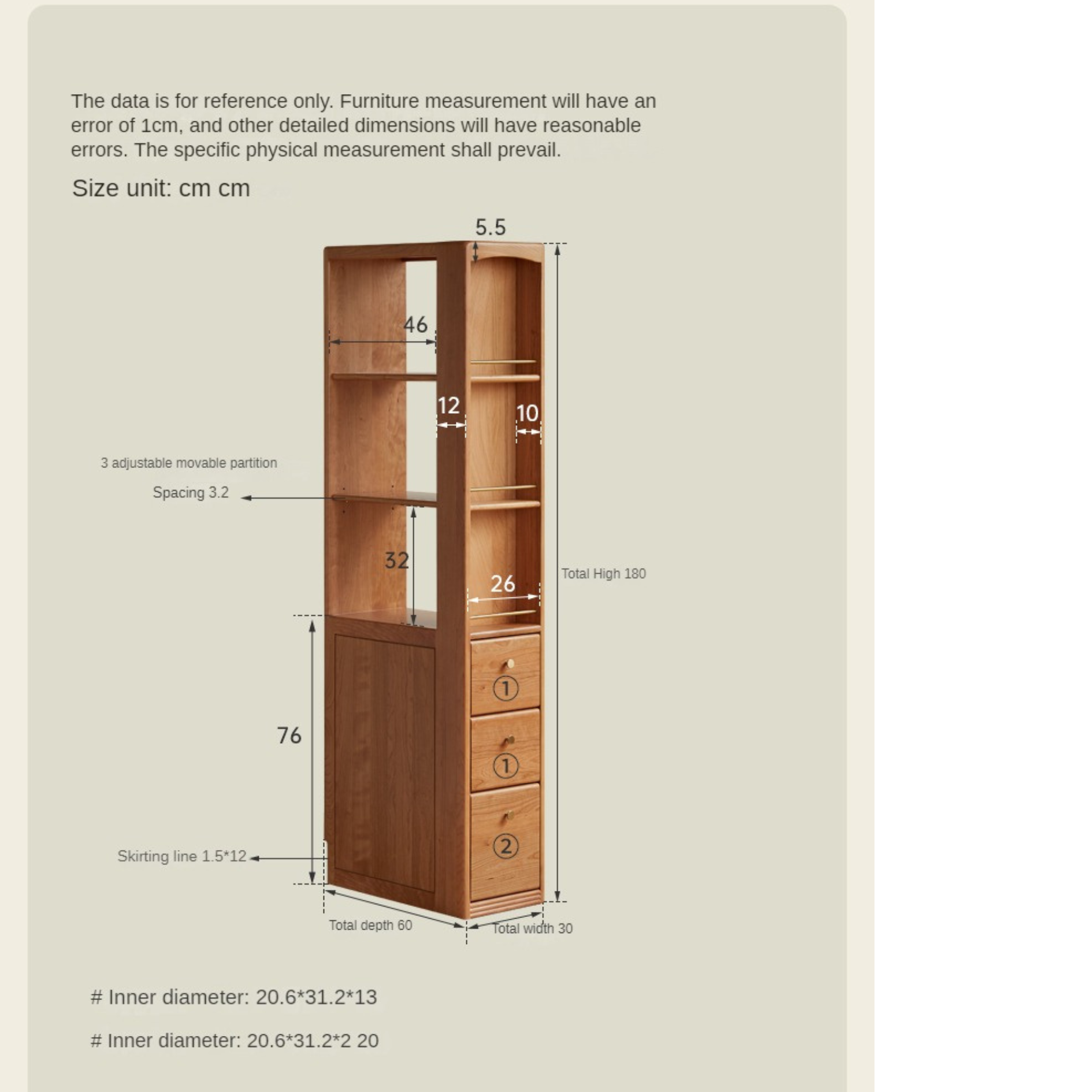 Cherry solid wood bookcase with drawer