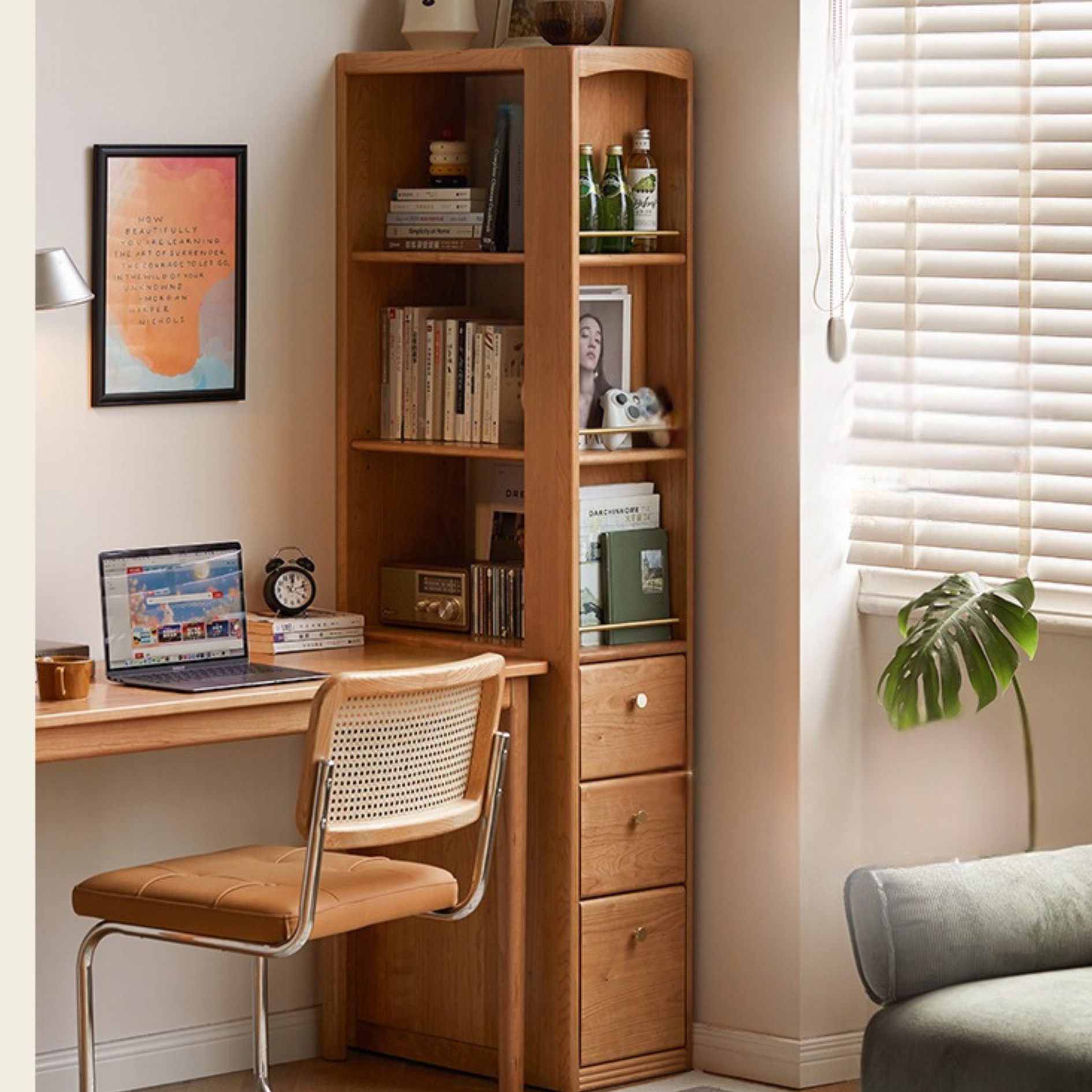 Cherry solid wood bookcase with drawer