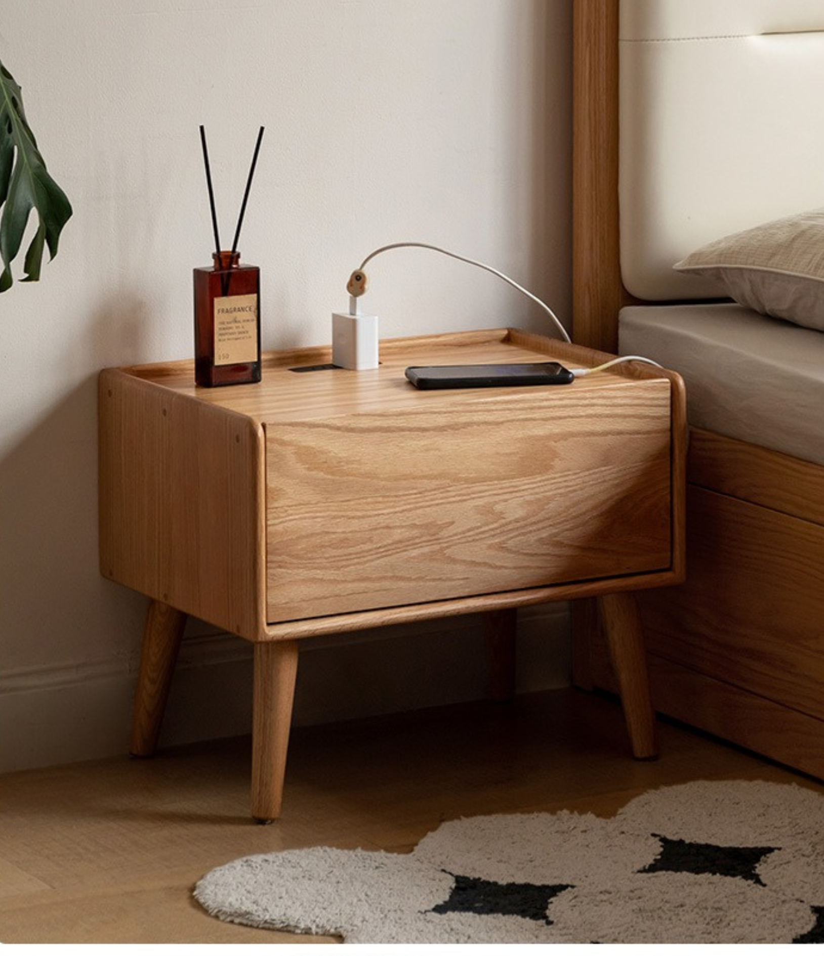 Oak solid wood Nightstand with socket