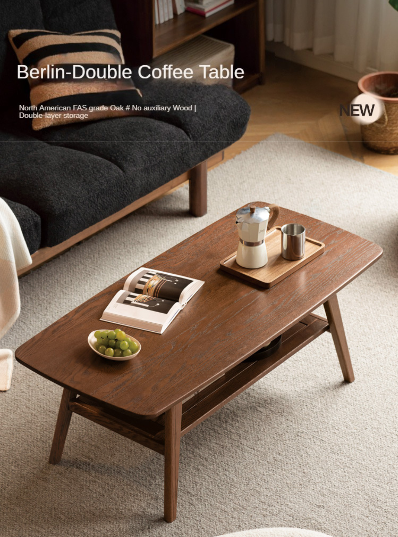 Oak solid wood walnut color Double-layer Coffee table