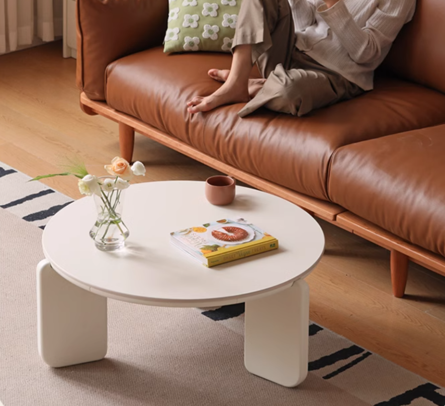 Poplar solid wood round cream style rock board coffee table