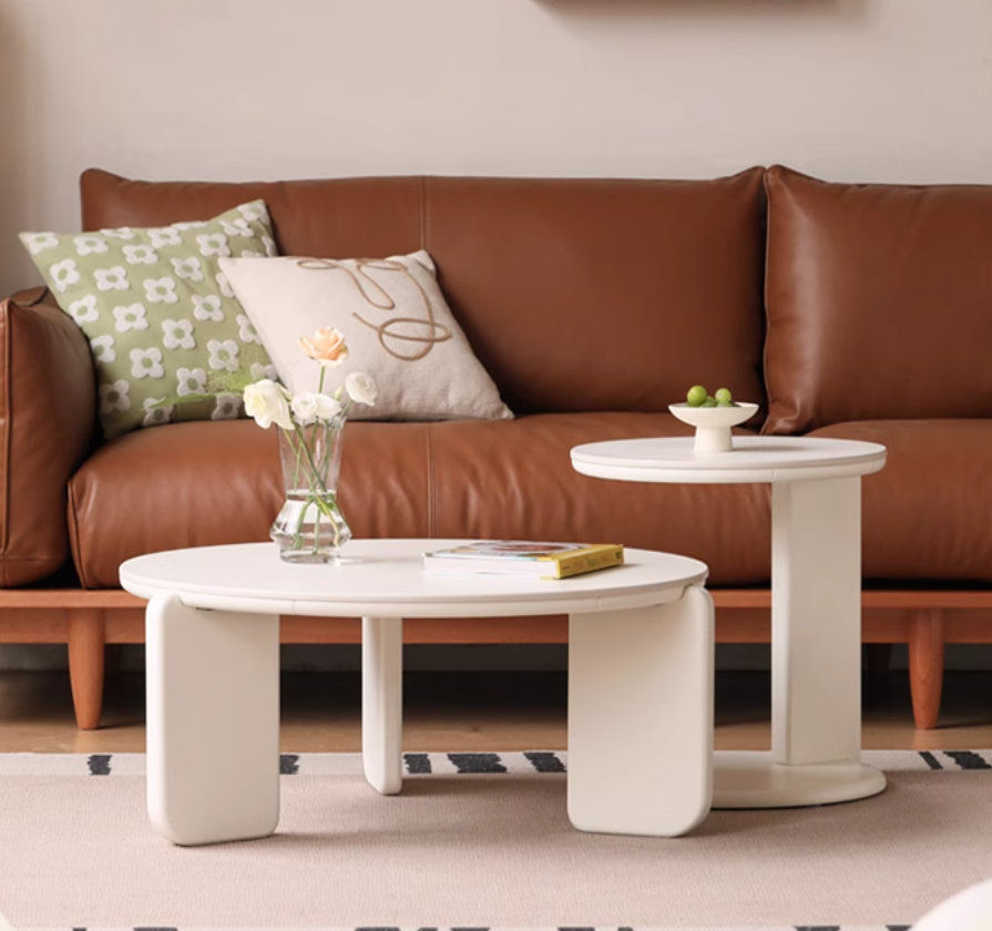 Poplar solid wood round cream style rock board coffee table