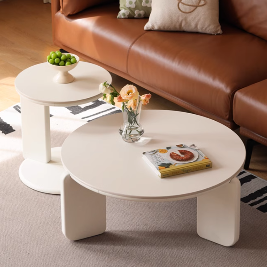 Poplar Solid Wood Round Cream Style Rock Board Coffee Table