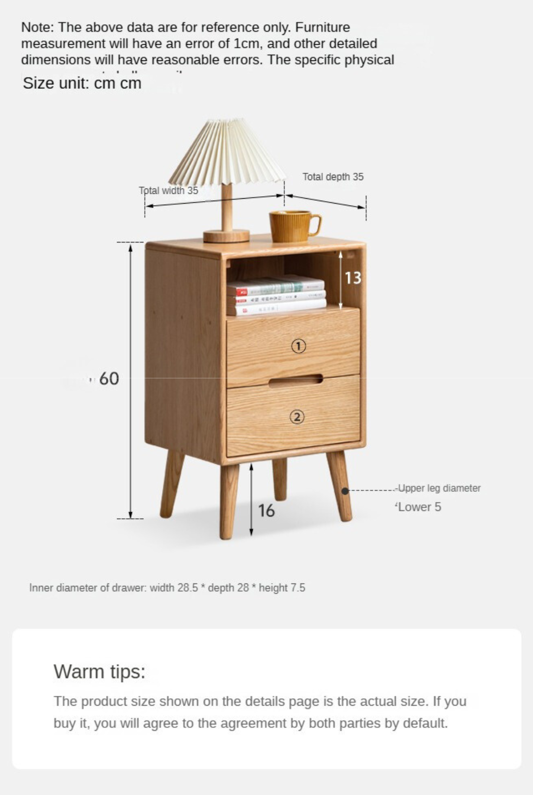 Oak Solid Wood Narrow nightstand Nordic)