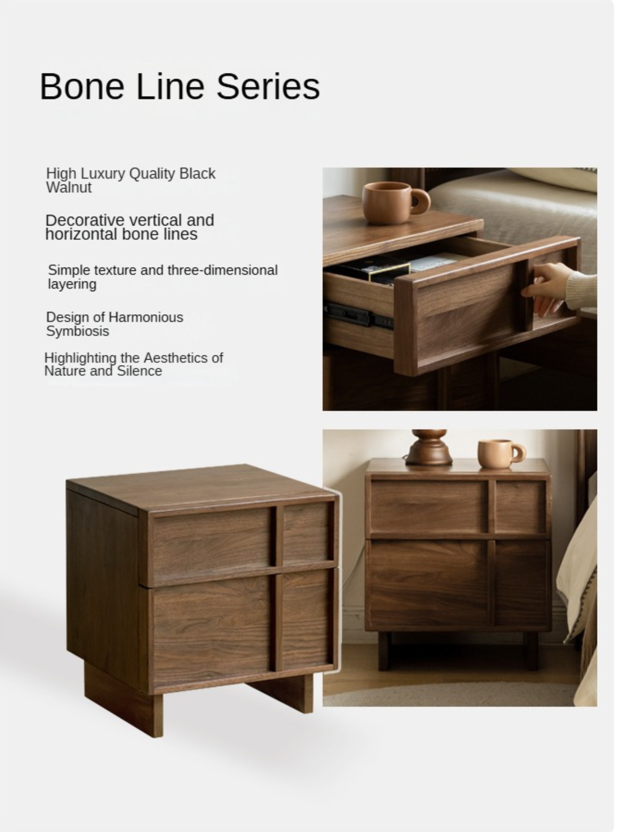 Black Walnut Solid Wood Storage Bedside Nightstand ,