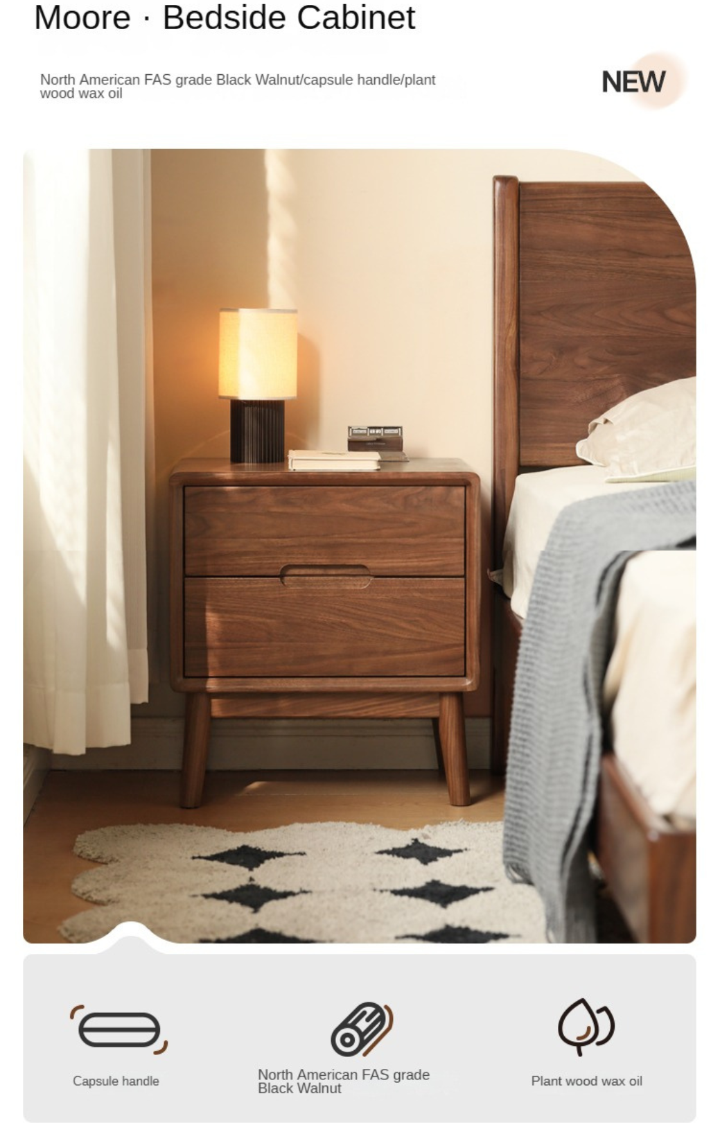 Black Walnut Solid Wood nightstand Storage)