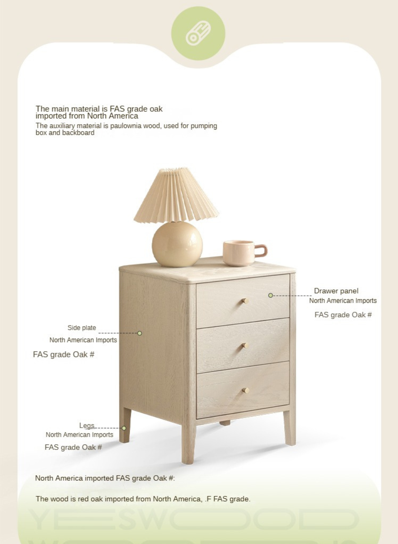 Oak solid wood nightstand cream style)