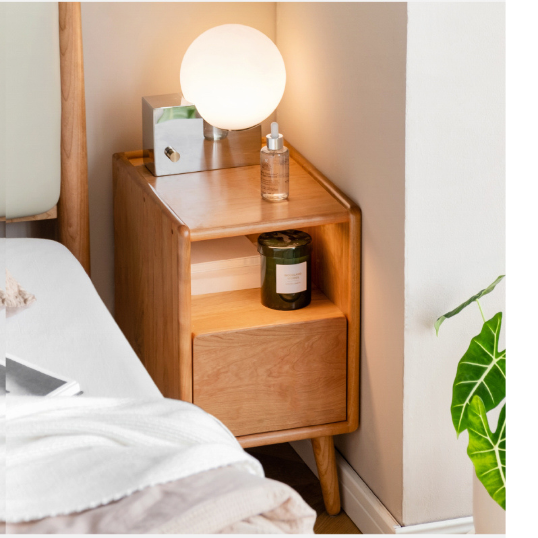 Cherry wood ultra-narrow nightstand with light)