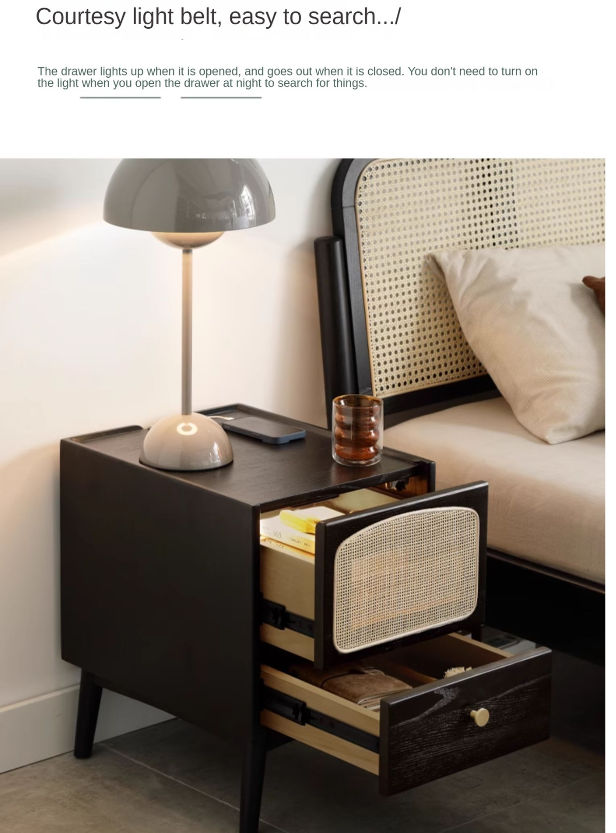 Oak solid wood nightstand rattan retro black)