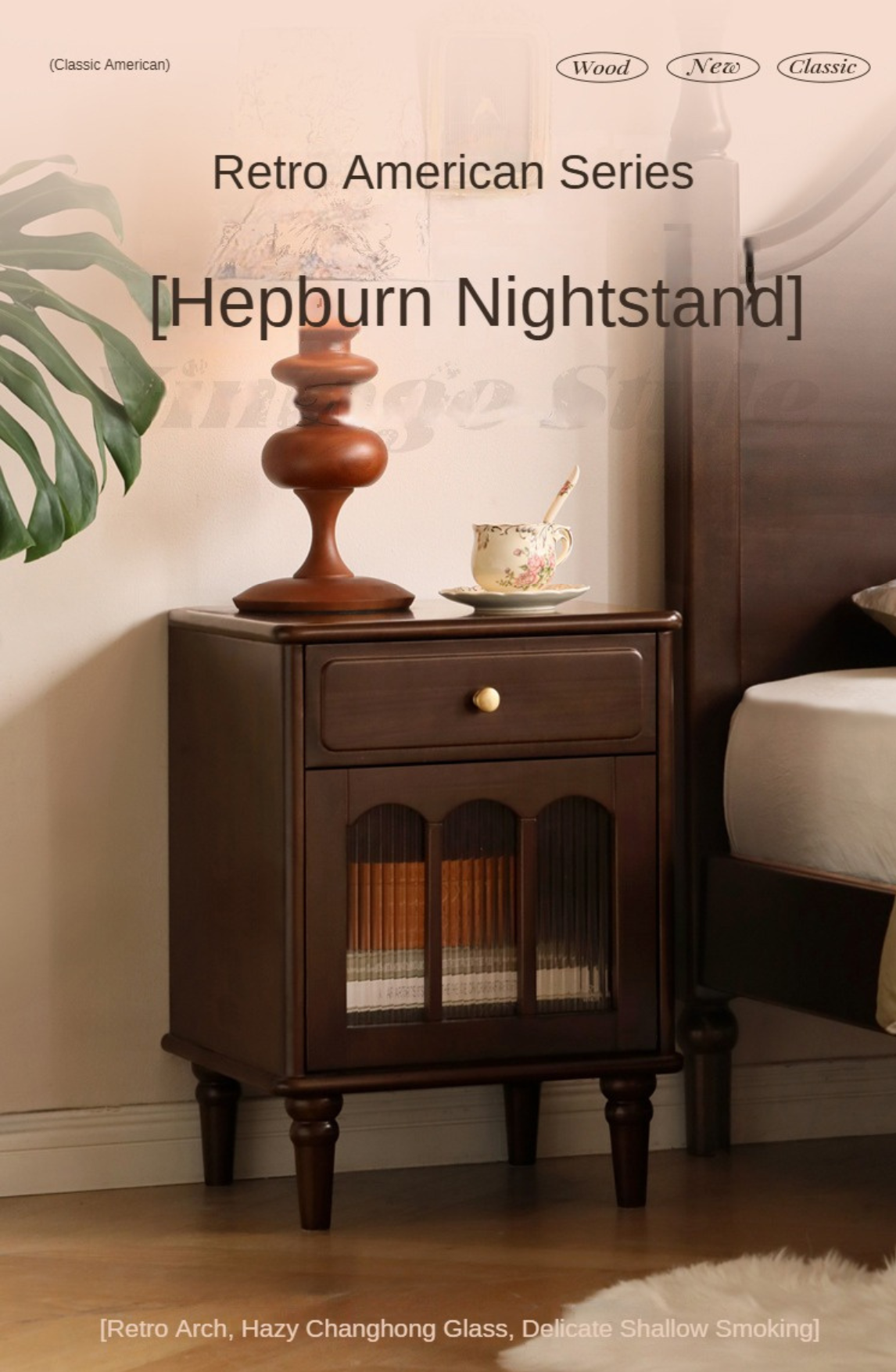 Poplar Solid Wood American Retro nightstand,