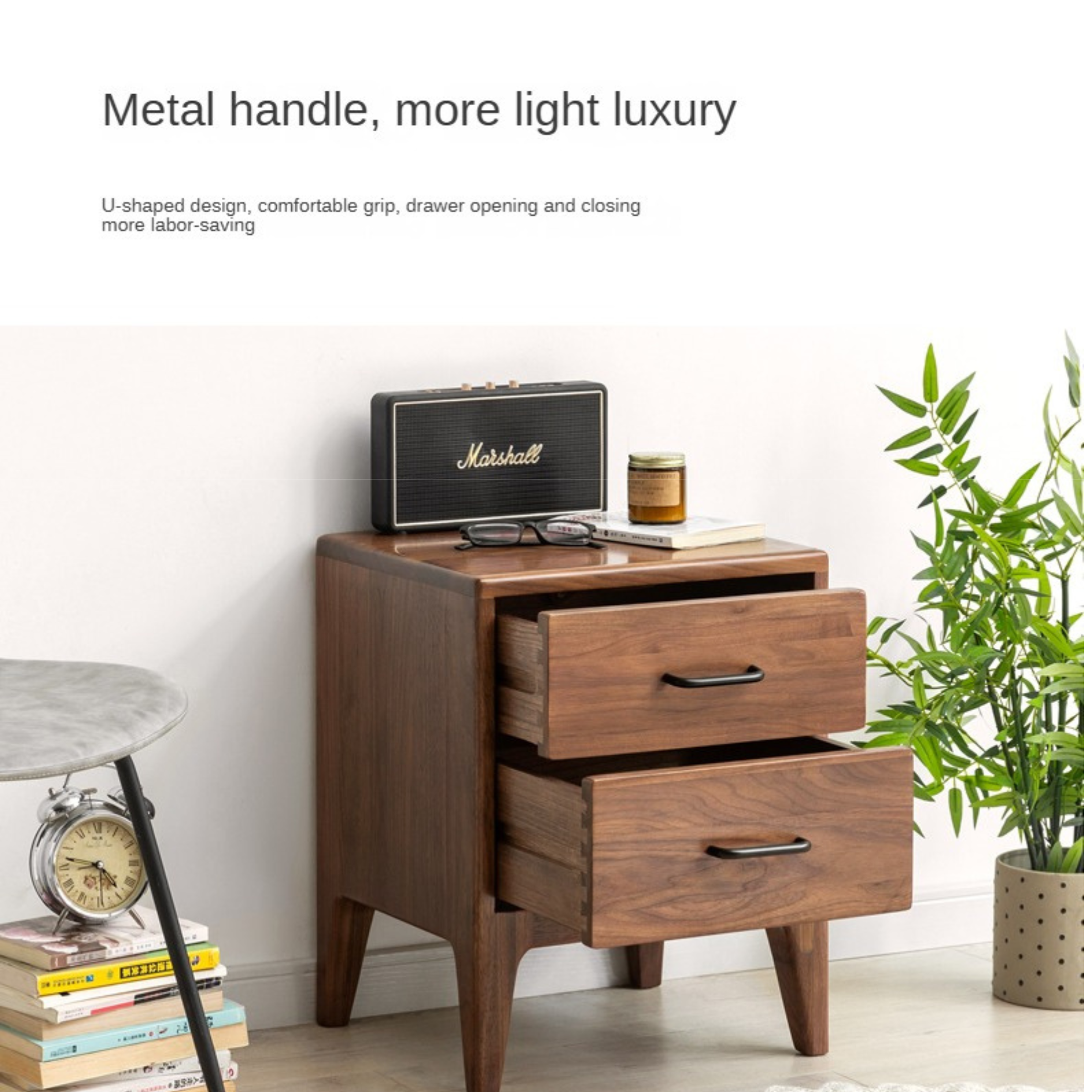 Black walnut solid wood two drawers nightstand)