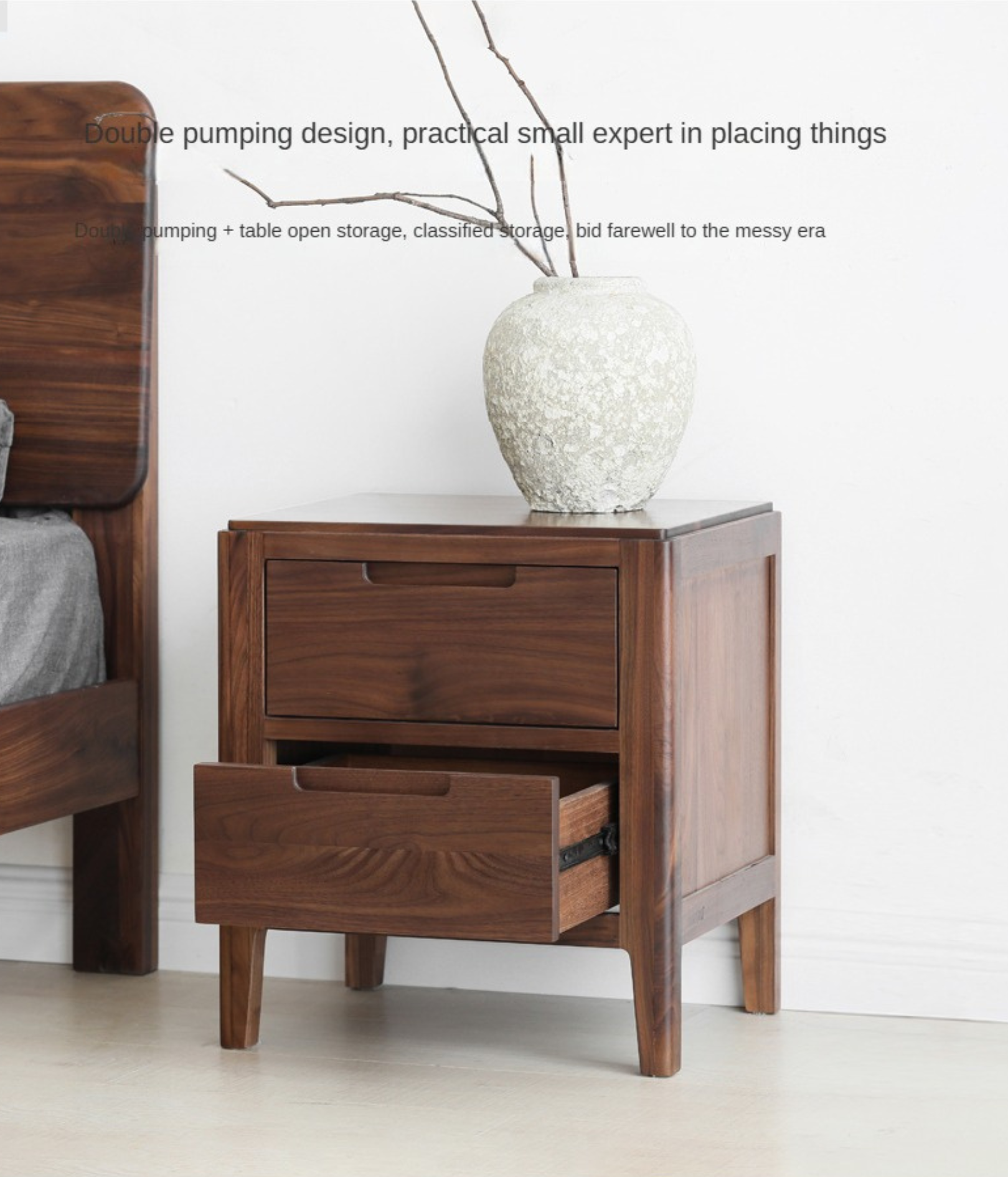 Black walnut solid wood two drawers nightstand)