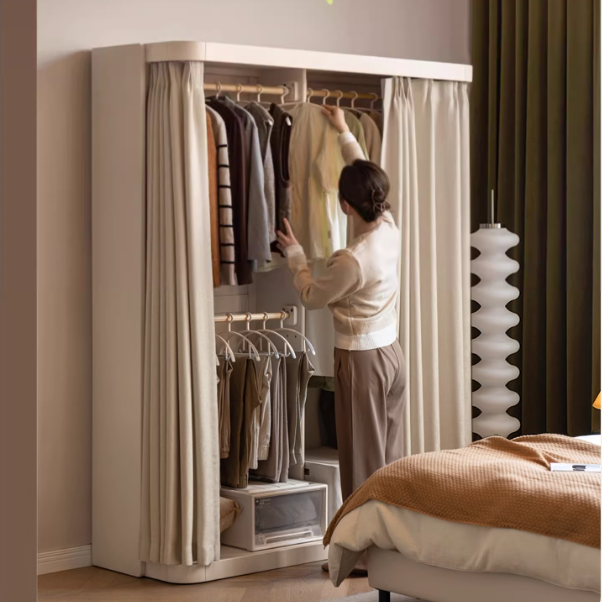 Poplar Solid Wood White Cream Walk-in Curtain Wardrobe