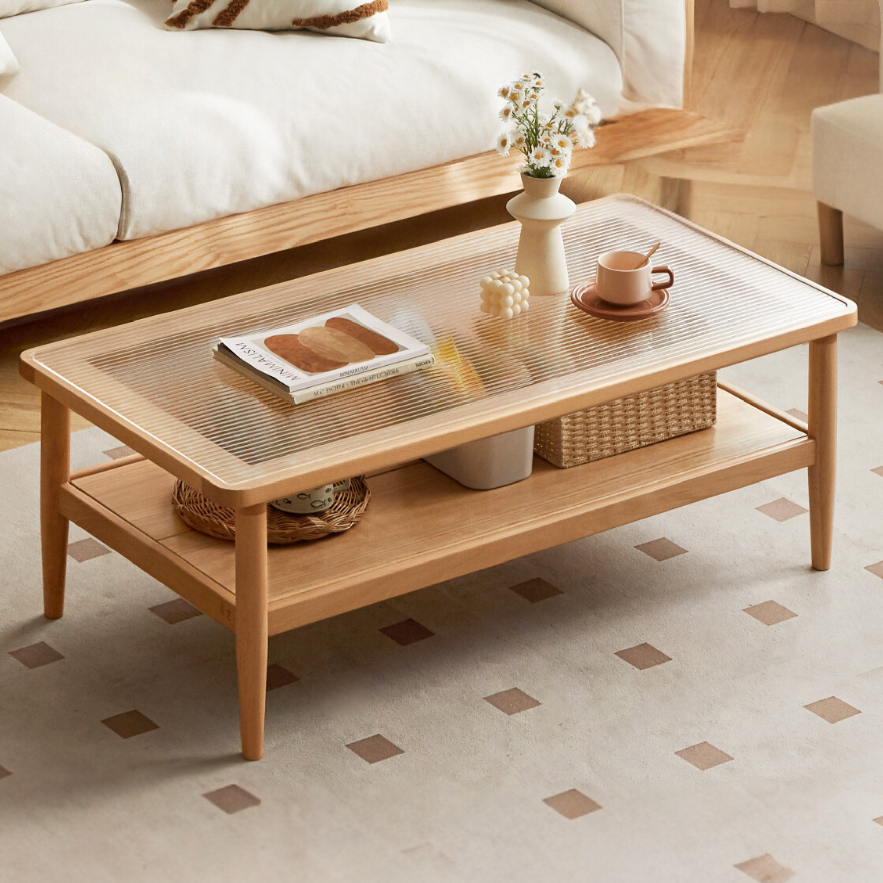 Beech solid wood glass coffee table Nordic -