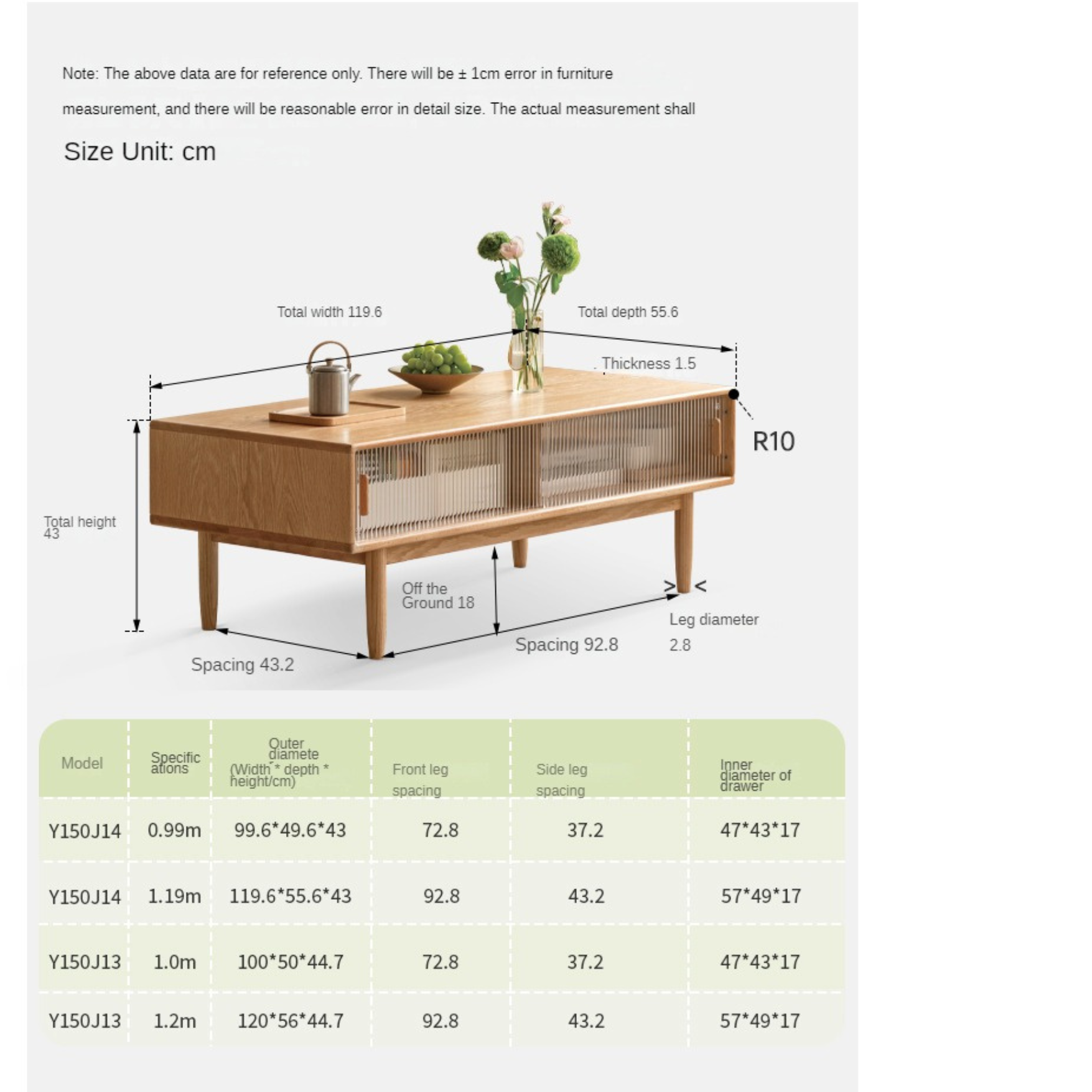 Oak  Solid wood glass doors coffee table-