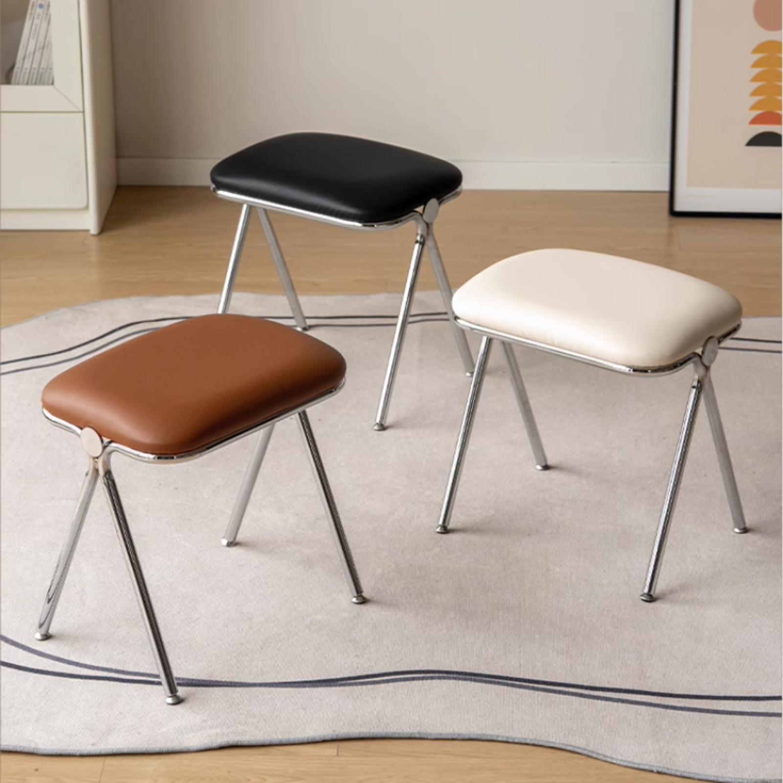 Organic Leather Upholstered Stool with Metal Frame, Bauhaus Industrial Modern