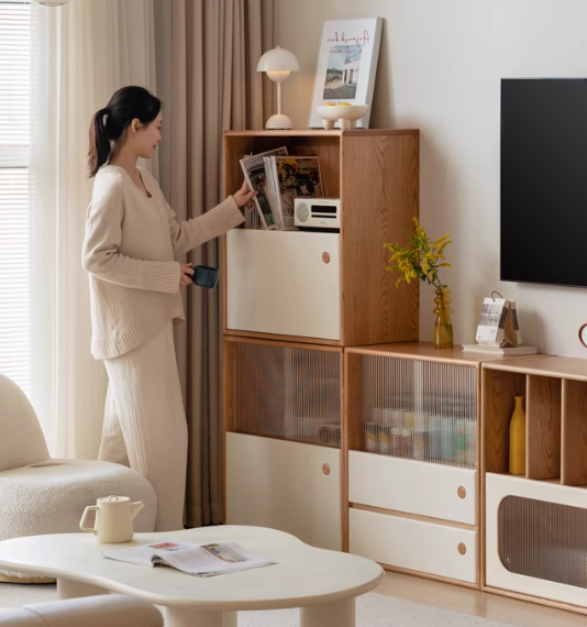 Oak solid wood cream style module combination bookcase