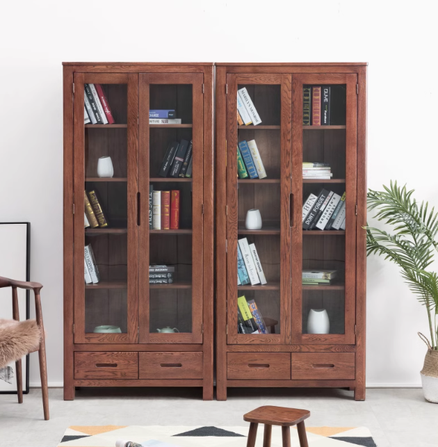 Oak Solid Wood Nordic Bookcase with Glass Door