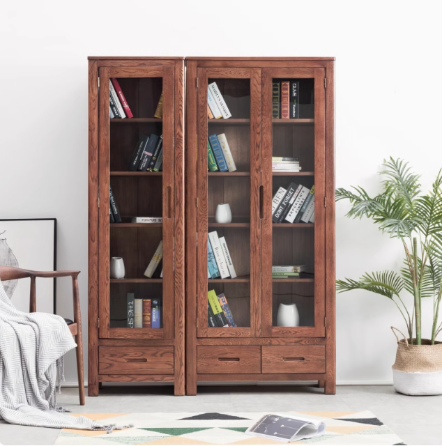 Oak Solid Wood Nordic Bookcase with Glass Door