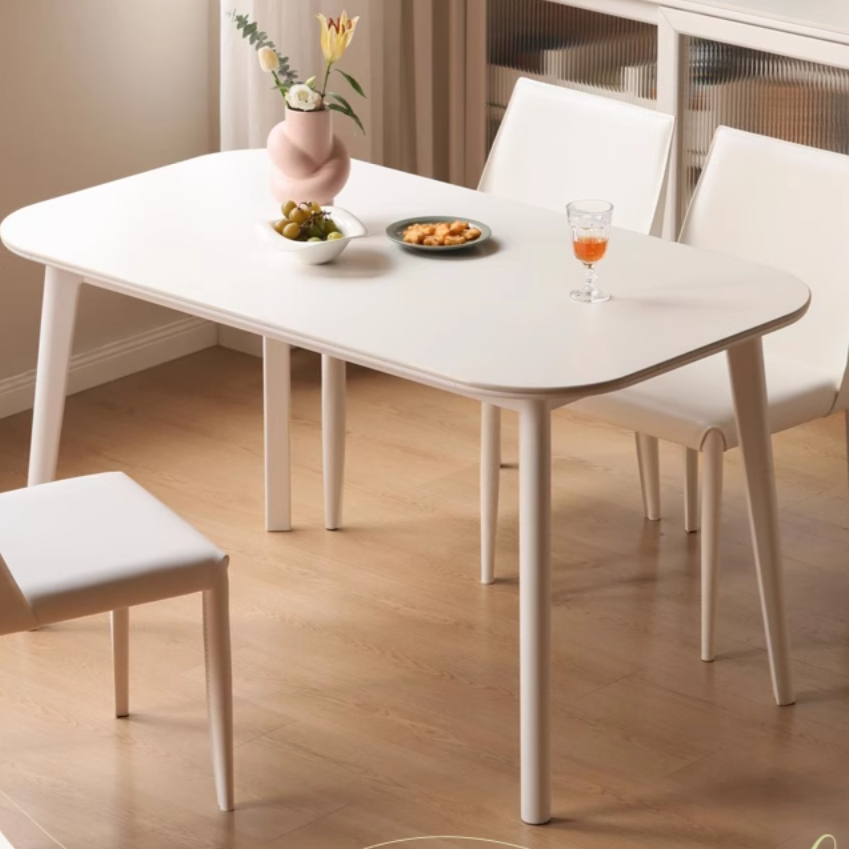 Rubber solid wood white cream style rock board dining table