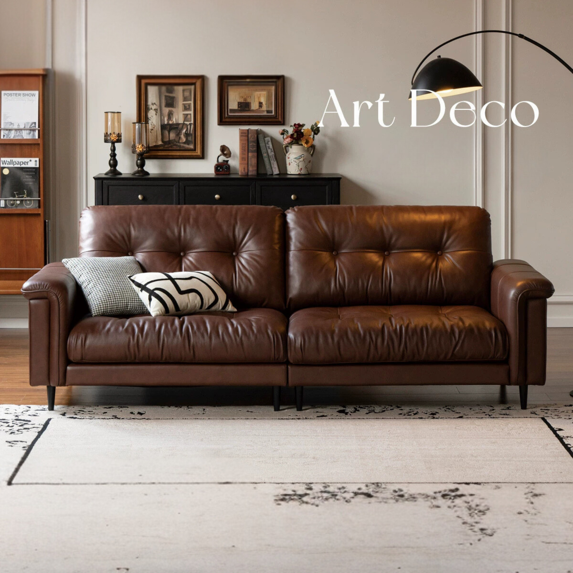 Leather Sofa American Retro Top Layer Cowhide Straight Sofa