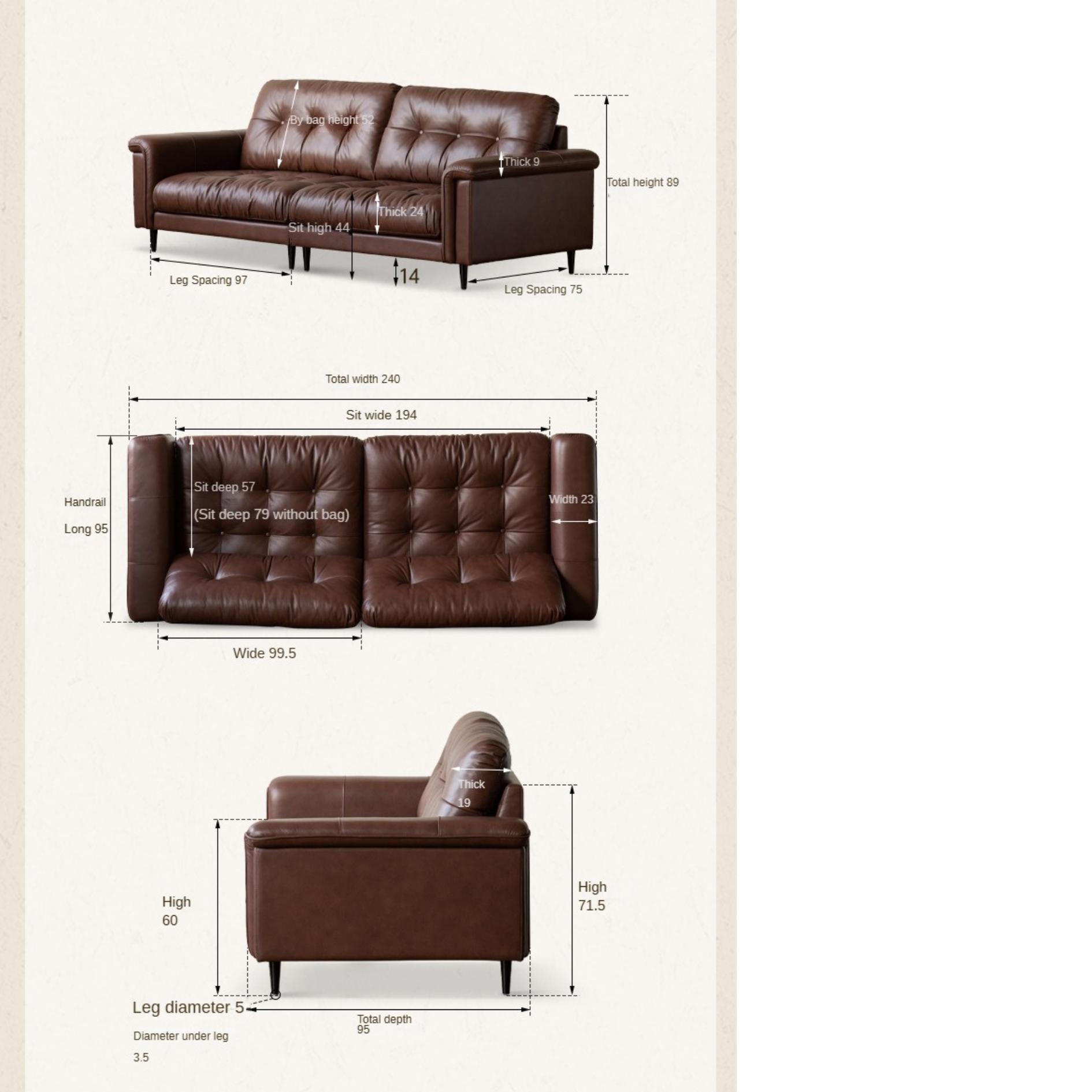 Leather sofa American retro top layer cowhide straight sofa