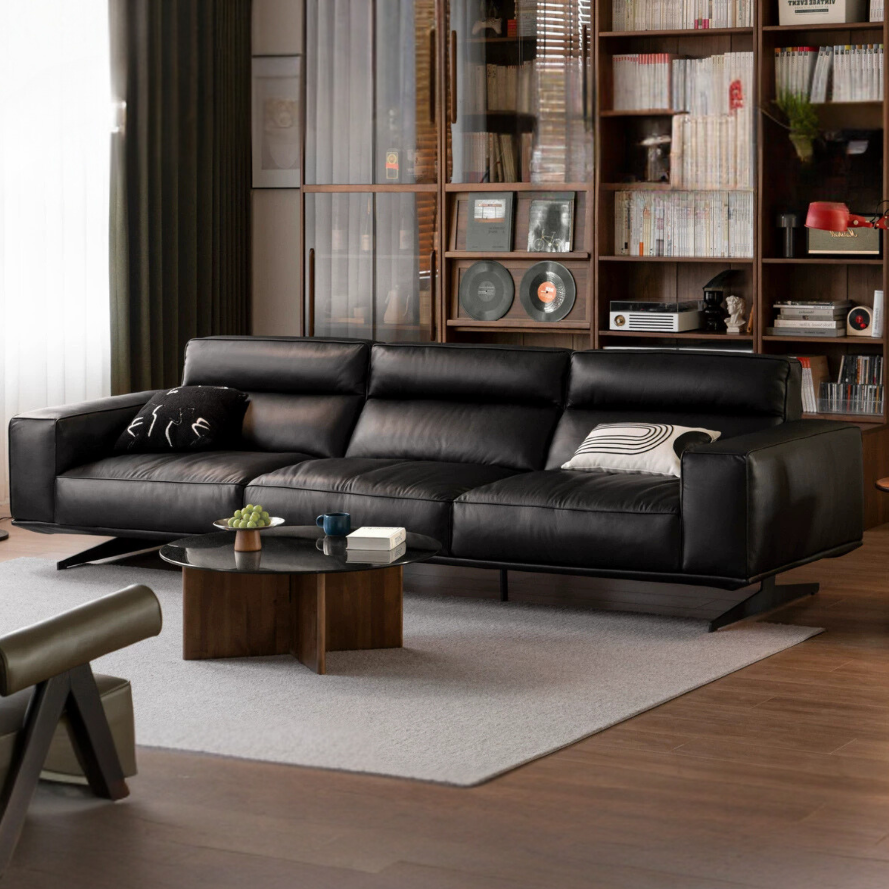 Leather high-legged sofa Italian minimalist big black bull