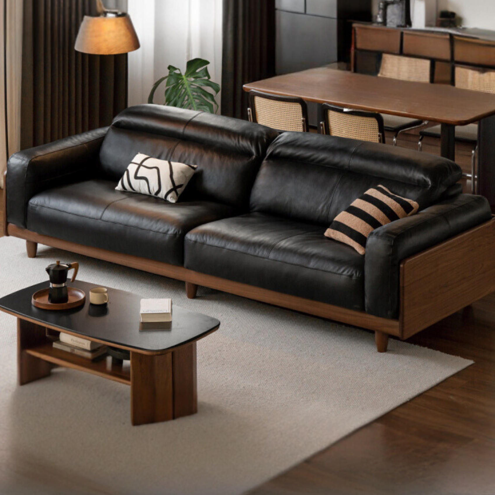 Black Walnut Solid Wood Leather Sofa Italian Light Luxury