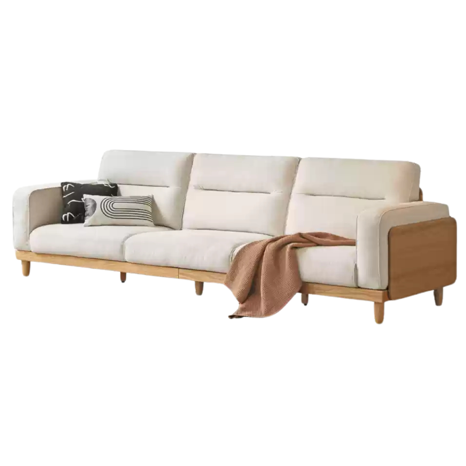 Oak Solid Wood Straight High Back Cloth Leather Sofa