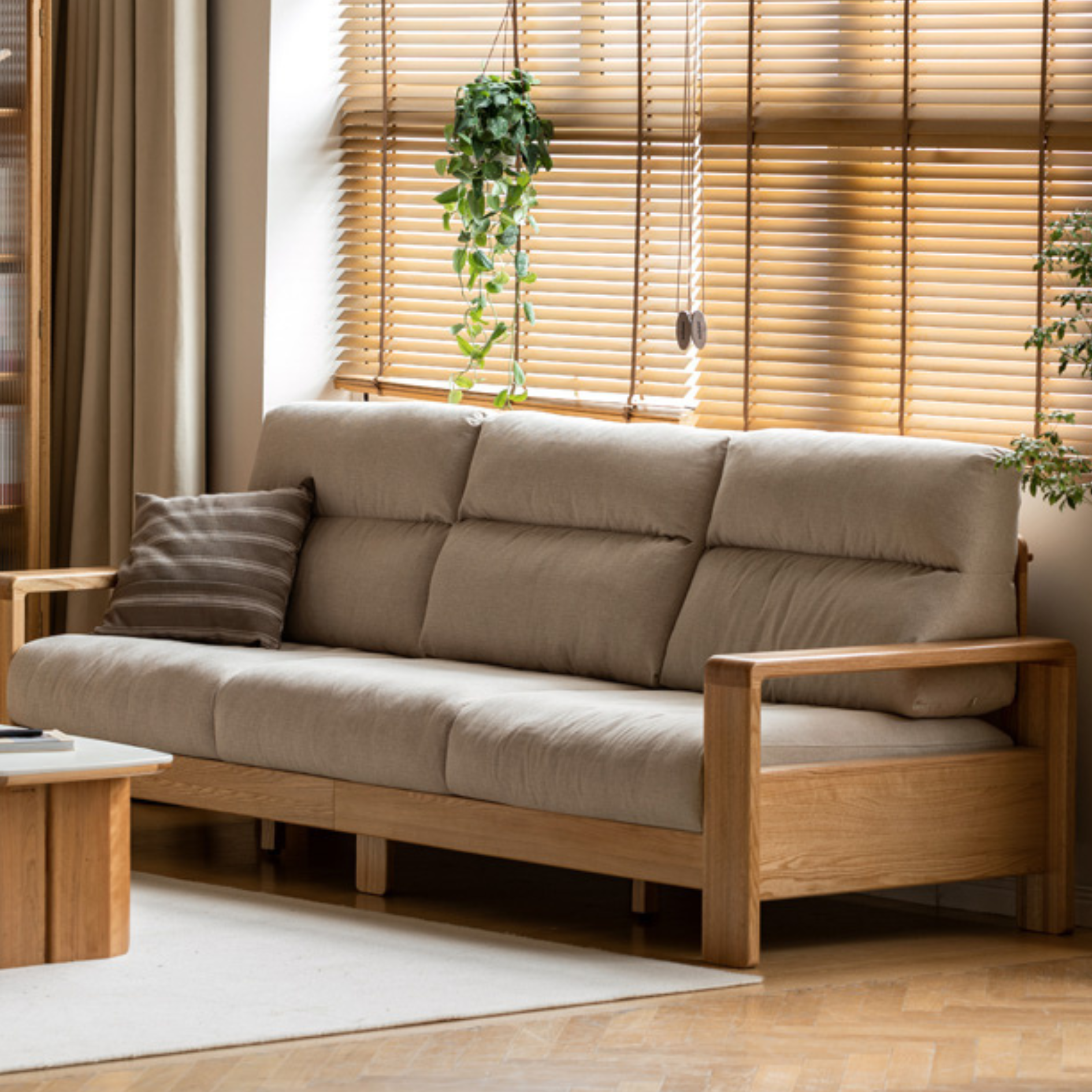 Oak Solid Wood Fabric Sofa Modern