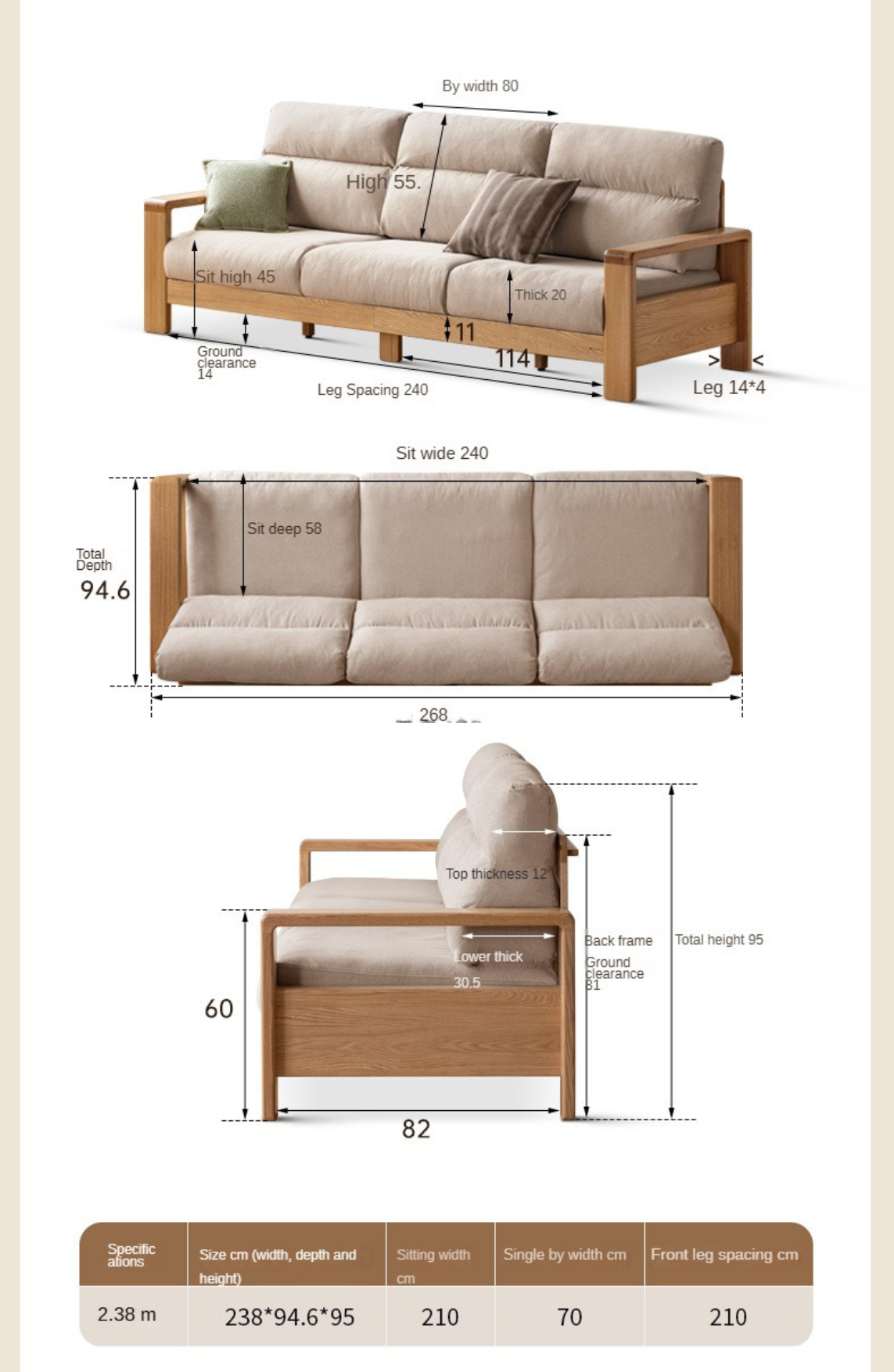 Oak Solid Wood Fabric Sofa Modern