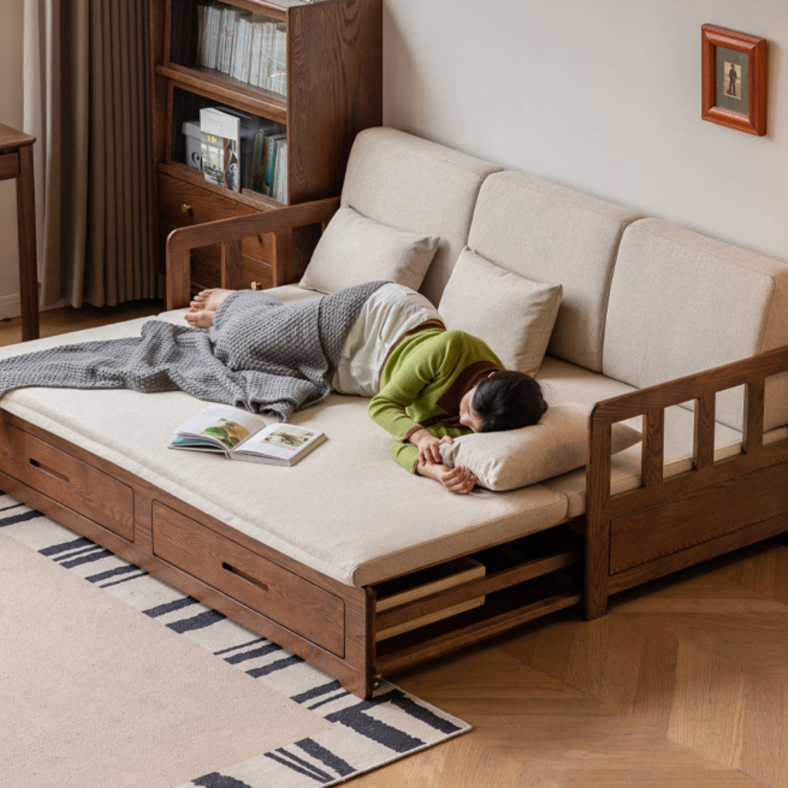 Oak Solid Wood Folding Storage Sofa Bed