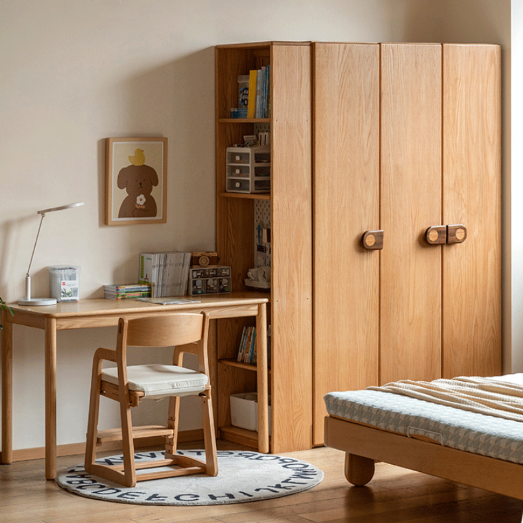 Oak Solid Wood Children's Wardrobe with Desk